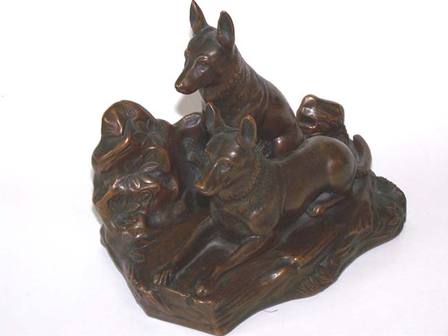 A fine pair of Antique Bookends by Jennings Brothers circa 1930 depicting a pair of German Sheppard dogs. — image 2